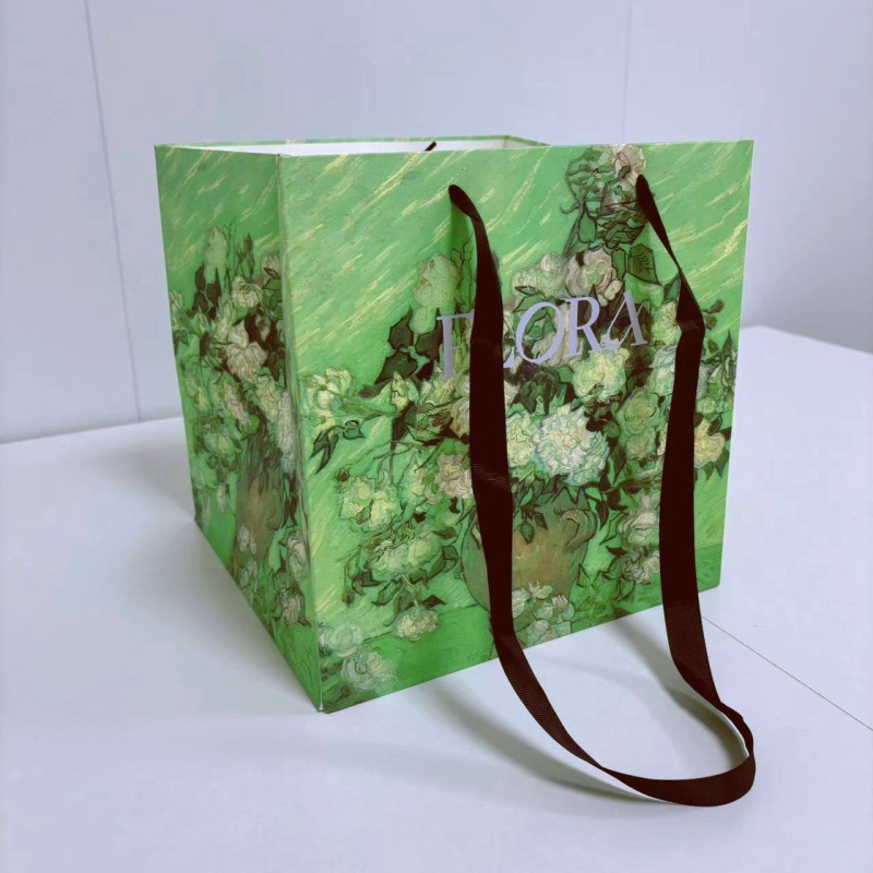 Papirnata vrećica za cvijeće u stilu ulja na platnu — kvadratna ručna torba za pakiranje, materijal Jammed (Specifikacije: 30 dostupnih paketa, 10 probnih paketa, 50 veleprodajnih paketa, 100 komada za velike cvjećarne)