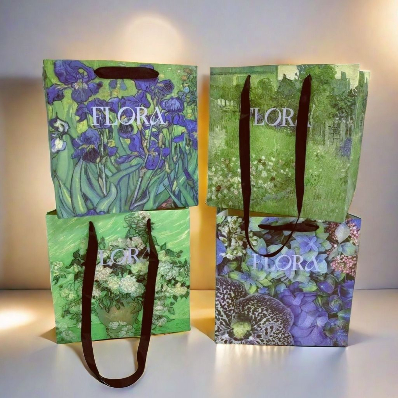 Papirnata vrećica za cvijeće u stilu ulja na platnu — kvadratna ručna torba za pakiranje, materijal Jammed (Specifikacije: 30 dostupnih paketa, 10 probnih paketa, 50 veleprodajnih paketa, 100 komada za velike cvjećarne)