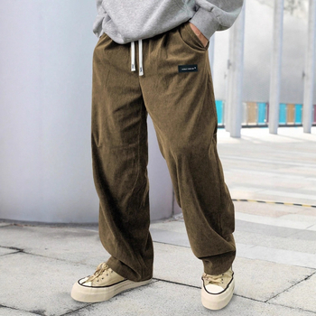 Corduroy egyenes nadrág, középtalpas derékkal és kötős zárással, gyűrődésmentes