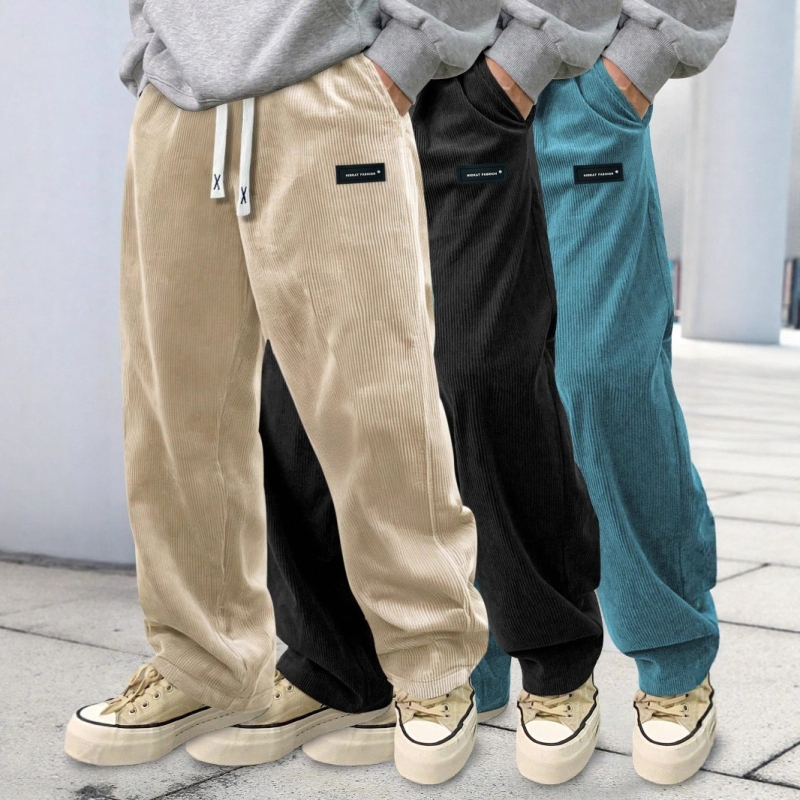 Corduroy egyenes nadrág, középtalpas derékkal és kötős zárással, gyűrődésmentes