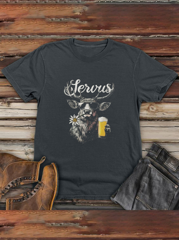 Vīriešu T-krekls ar grafiku brieža un bavārijas alus motīvā, 95% kokvilna, apdruka, īsās piedurknes, apļveida kaklaizgriezums, brīvs piegriezums