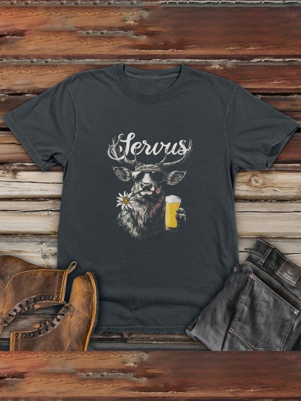 Vīriešu T-krekls ar grafiku brieža un bavārijas alus motīvā, 95% kokvilna, apdruka, īsās piedurknes, apļveida kaklaizgriezums, brīvs piegriezums