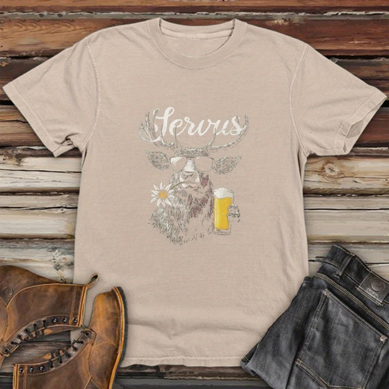 Vīriešu T-krekls ar grafiku brieža un bavārijas alus motīvā, 95% kokvilna, apdruka, īsās piedurknes, apļveida kaklaizgriezums, brīvs piegriezums