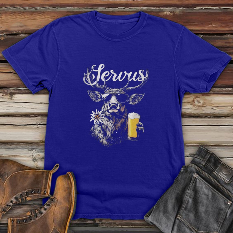 Vīriešu T-krekls ar grafiku brieža un bavārijas alus motīvā, 95% kokvilna, apdruka, īsās piedurknes, apļveida kaklaizgriezums, brīvs piegriezums