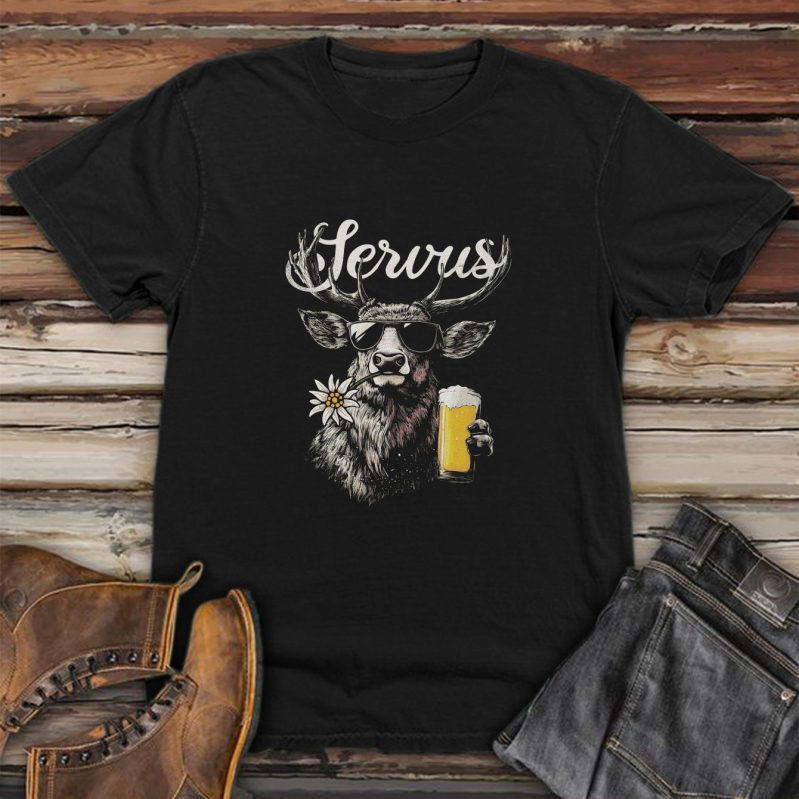 Vīriešu T-krekls ar grafiku brieža un bavārijas alus motīvā, 95% kokvilna, apdruka, īsās piedurknes, apļveida kaklaizgriezums, brīvs piegriezums