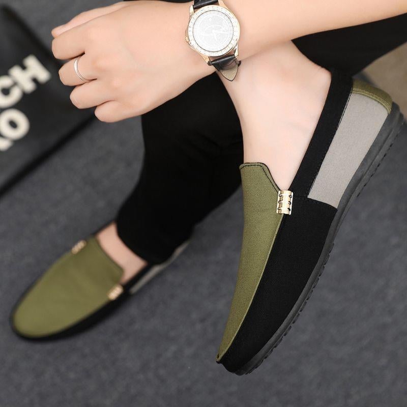 Vīriešu Slip-On kurpes Korejiešu stilā, auduma augšdaļa, PVC zole, apaļš purns