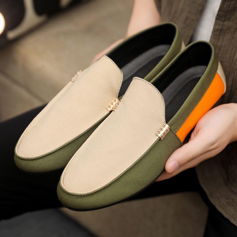 Vīriešu Slip-On kurpes Korejiešu stilā, auduma augšdaļa, PVC zole, apaļš purns