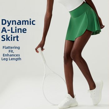 Женска спортна пола за тенис и фитнес с нежен найлон и подплата CoolMax, модел с райета; 75% найлон + 25% спандекс; подплата: 31% CoolMax + 61% полиестер + 8% спандекс; подходяща за лято, пролет и есен