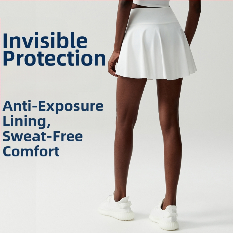 Женска спортна пола за тенис и фитнес с нежен найлон и подплата CoolMax, модел с райета; 75% найлон + 25% спандекс; подплата: 31% CoolMax + 61% полиестер + 8% спандекс; подходяща за лято, пролет и есен