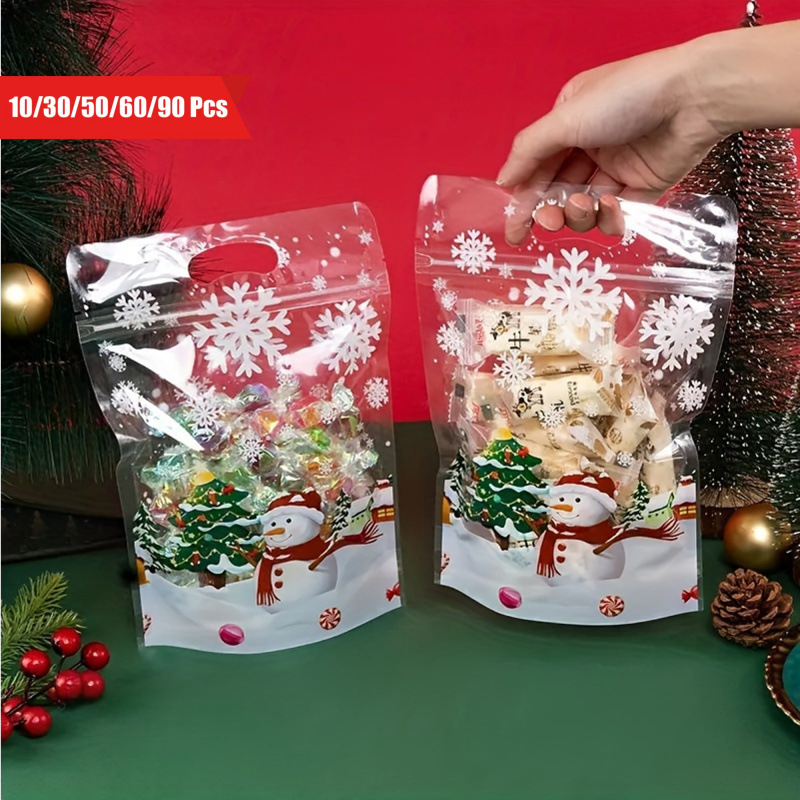 60-90 bucăți Pungi de bomboane de Crăciun cu fulg de zăpadă și om de zăpadă, material catifea imitata, ambalaj cadou