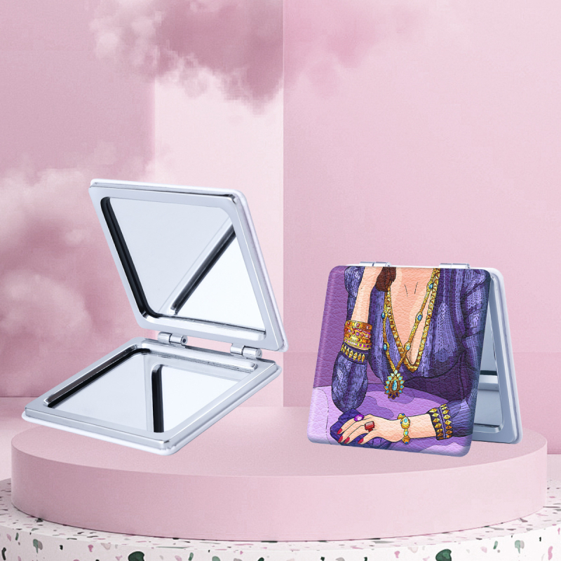 Oglindă de machiaj pliabilă, portabilă, cu design desen animat, ramă din PU și PC sticlă