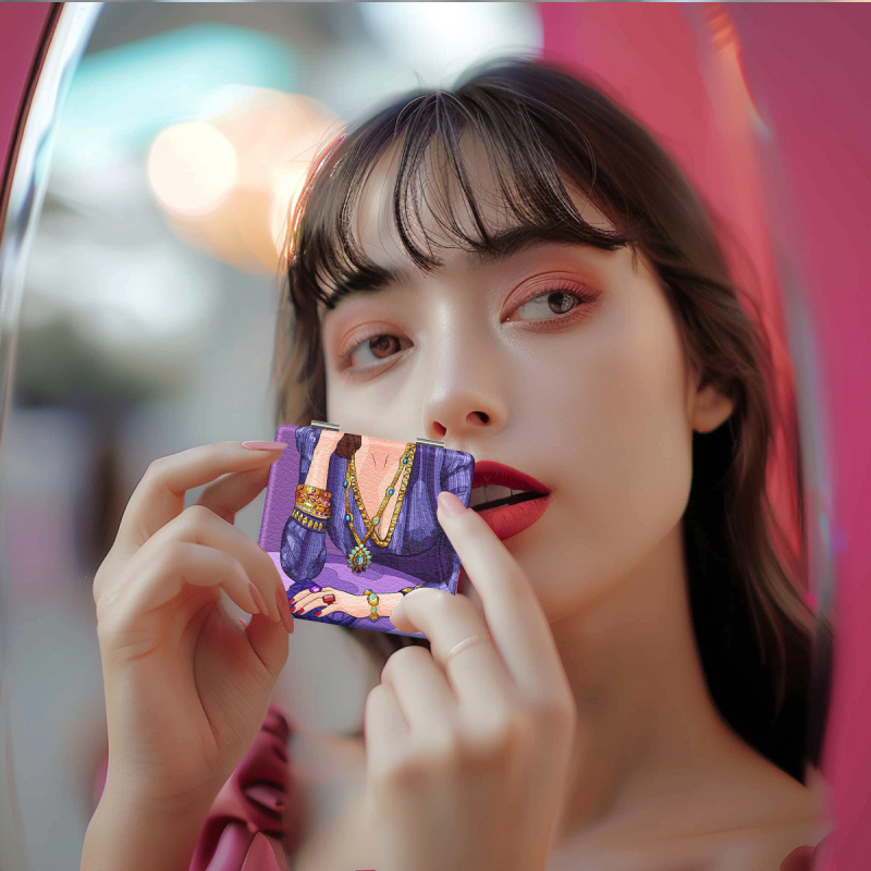 Oglindă de machiaj pliabilă, portabilă, cu design desen animat, ramă din PU și PC sticlă