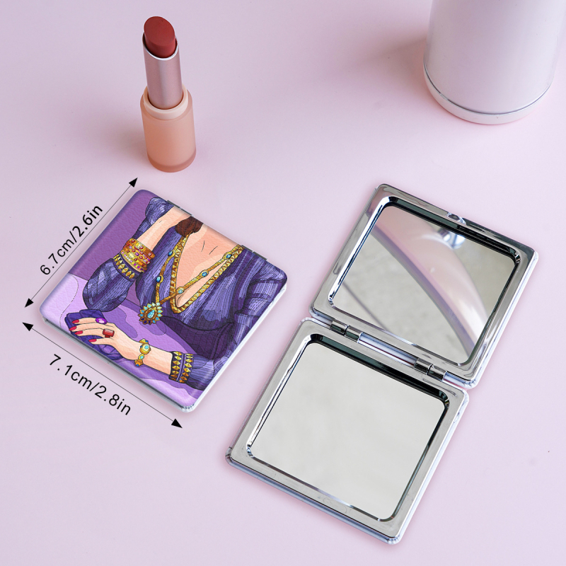Oglindă de machiaj pliabilă, portabilă, cu design desen animat, ramă din PU și PC sticlă