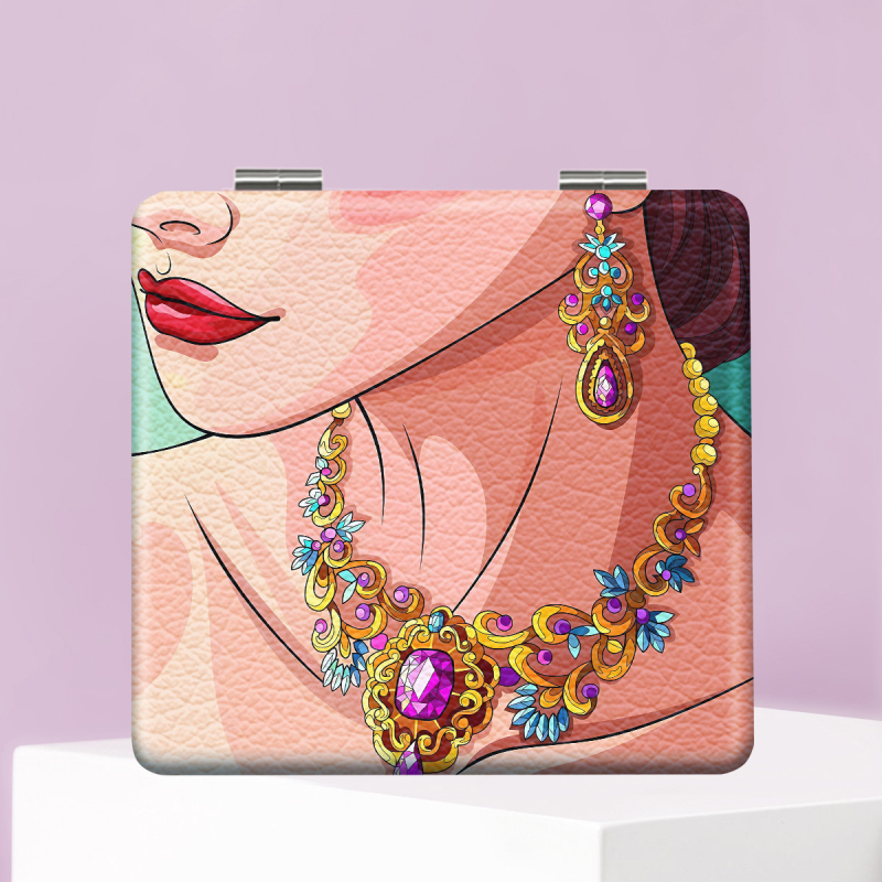 Oglindă de machiaj pliabilă, portabilă, cu design desen animat, ramă din PU și PC sticlă