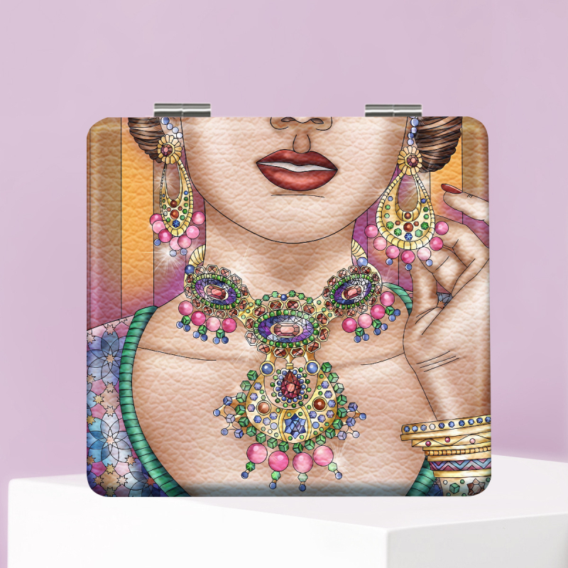 Oglindă de machiaj pliabilă, portabilă, cu design desen animat, ramă din PU și PC sticlă