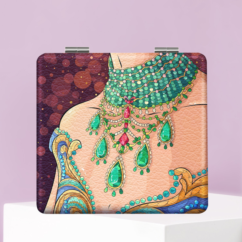 Oglindă de machiaj pliabilă, portabilă, cu design desen animat, ramă din PU și PC sticlă