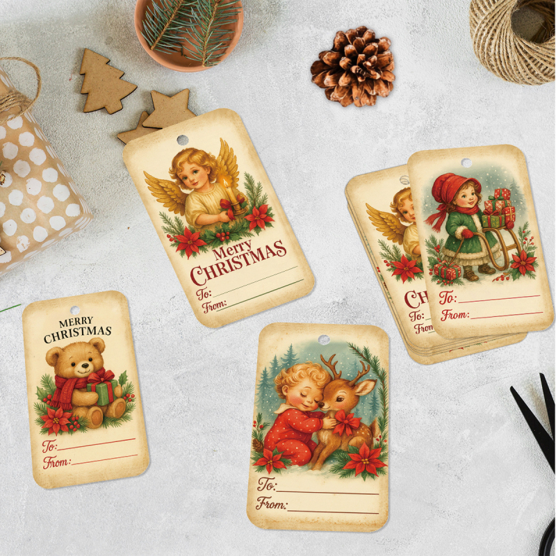 Papīra Ziemassvētku dāvanu etiķetes, pielāgojamas, karājami dekori, retro stils