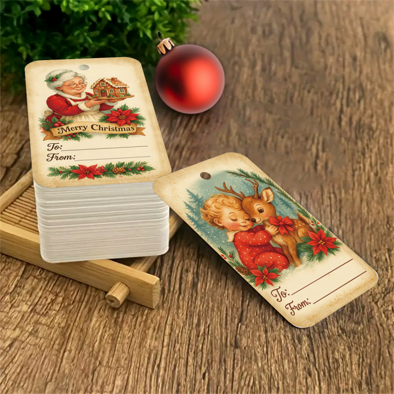 Papīra Ziemassvētku dāvanu etiķetes, pielāgojamas, karājami dekori, retro stils