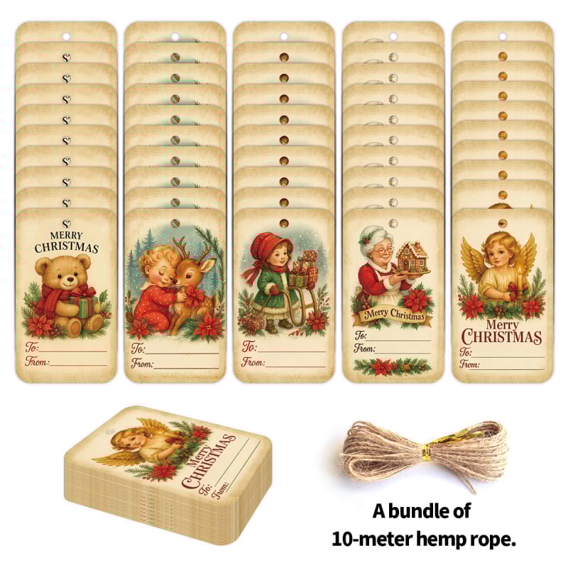 Papīra Ziemassvētku dāvanu etiķetes, pielāgojamas, karājami dekori, retro stils