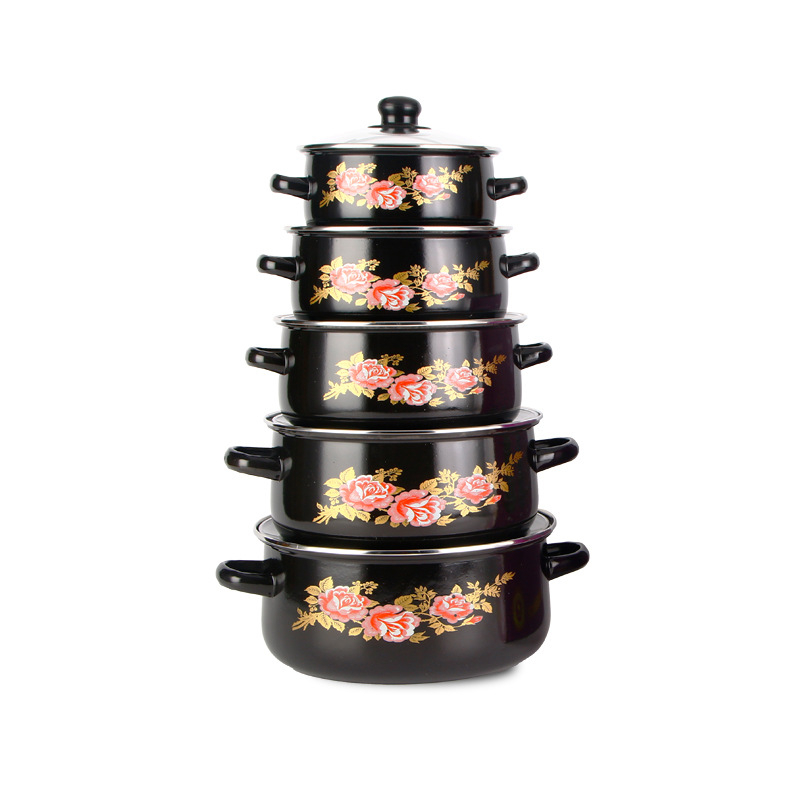 Емален петчленен комплект тенджери за супа със стъклен капак, 1 л, подходящ за газови печки