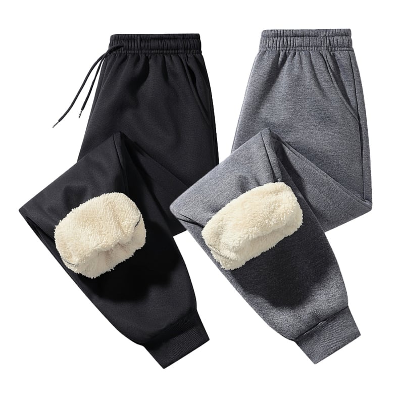 Férfi fleece-lével bélelt, lazán szabott hosszú casual nadrág téli viselet, középső derekú, kötőzsinóros derék