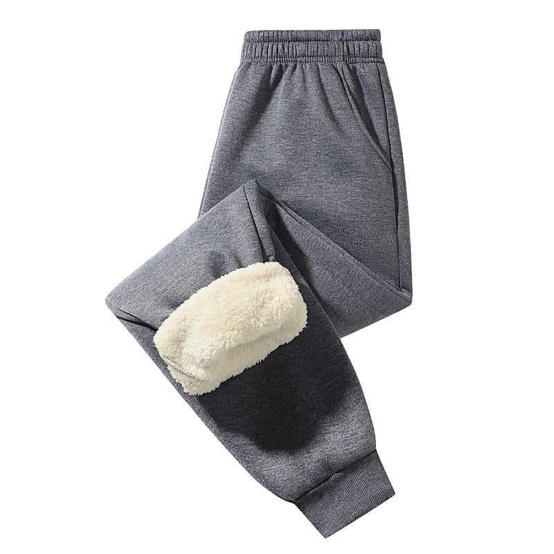 Férfi fleece-lével bélelt, lazán szabott hosszú casual nadrág téli viselet, középső derekú, kötőzsinóros derék