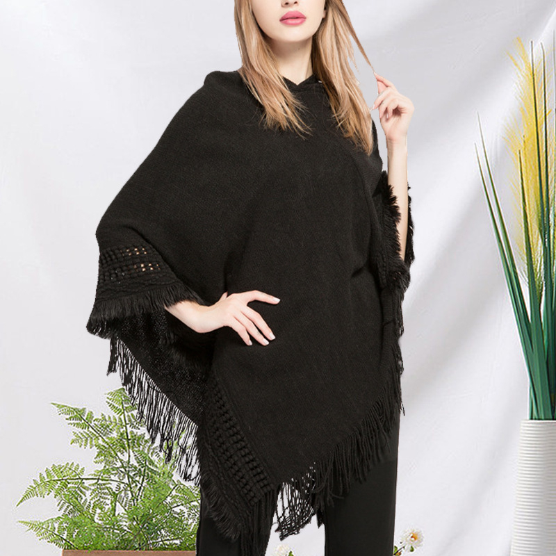 Pelerină tricotată cu glugă și ciucuri, jacquard warp-knit pentru căldură, potrivită pentru iarnă, primăvară și toamnă