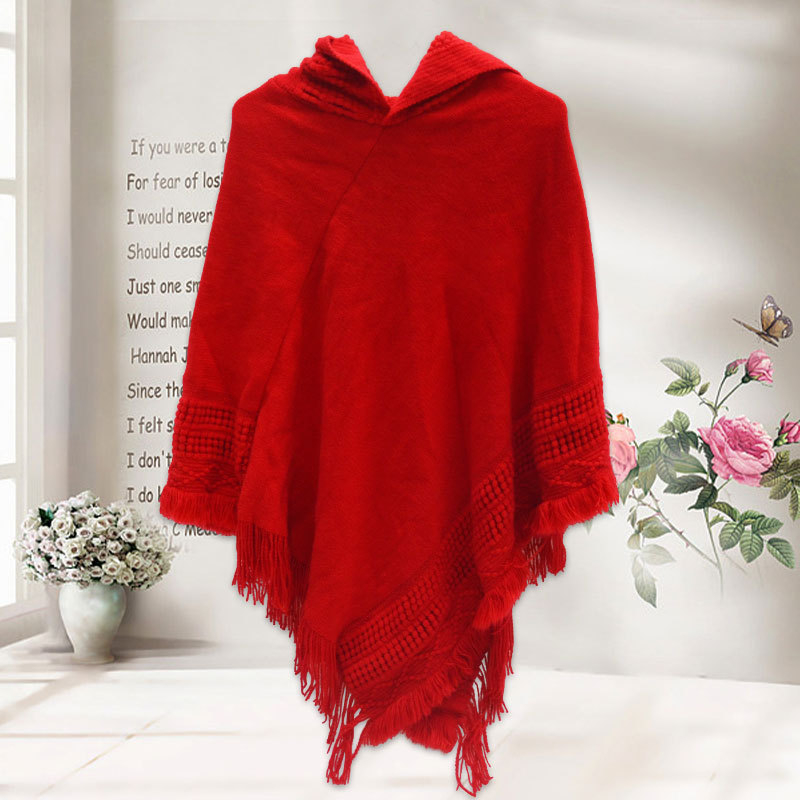 Pelerină tricotată cu glugă și ciucuri, jacquard warp-knit pentru căldură, potrivită pentru iarnă, primăvară și toamnă