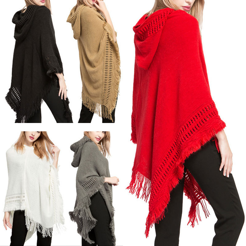 Pelerină tricotată cu glugă și ciucuri, jacquard warp-knit pentru căldură, potrivită pentru iarnă, primăvară și toamnă