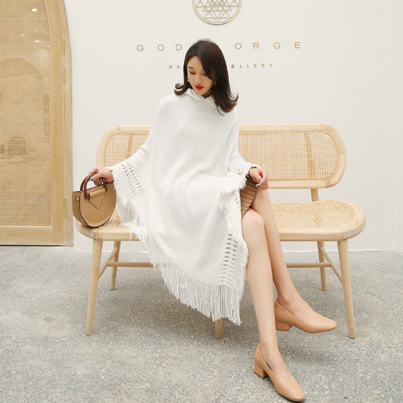 Pelerină tricotată cu glugă și ciucuri, jacquard warp-knit pentru căldură, potrivită pentru iarnă, primăvară și toamnă