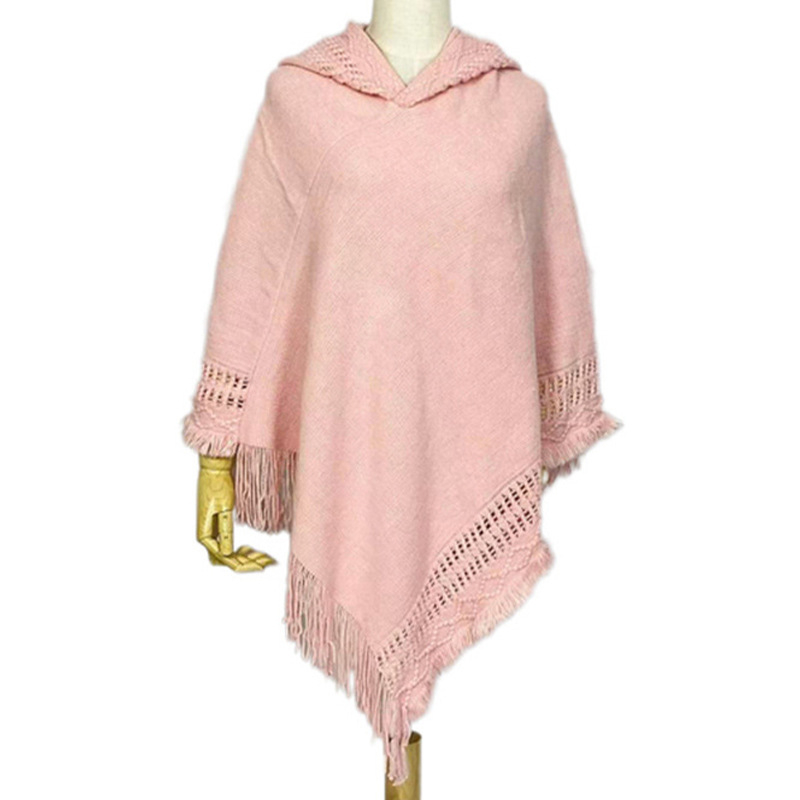 Pelerină tricotată cu glugă și ciucuri, jacquard warp-knit pentru căldură, potrivită pentru iarnă, primăvară și toamnă