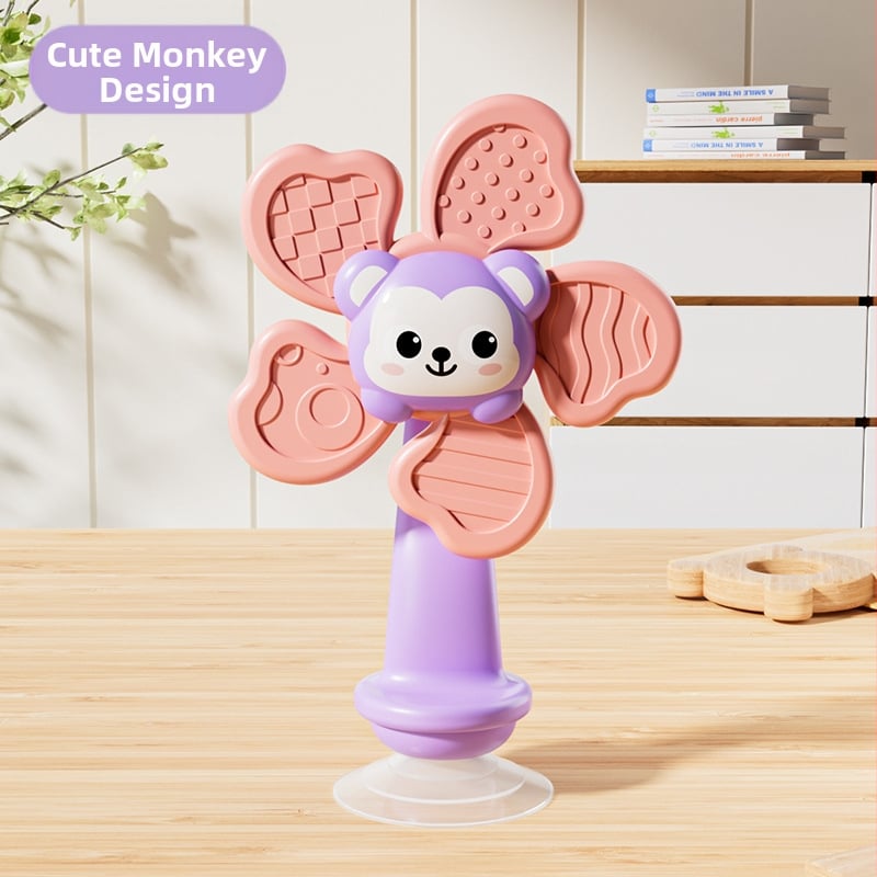 Бебешка въртяща се играчка с вакуумна чашка за закрепване – въртящо се цвете, пластмасова, за деца 0–3 г., помага за силата на пръстите чрез захват и развива координацията ръка-око, сетивността и фината моторика