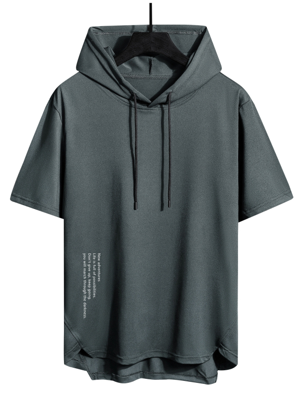 Vīriešu kapucēta T-krekls ar auklu, brīvs piegriezums, svītrainais raksts, īsās piedurknes, antibakteriāls audums