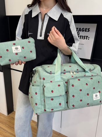 Τσάντα crossbody για ταξίδια με μεγάλη χωρητικότητα, σχέδιο φράουλα, Corduroy ύφασμα, επένδυση πολυεστέρα, unisex, φθινόπωρο 2025