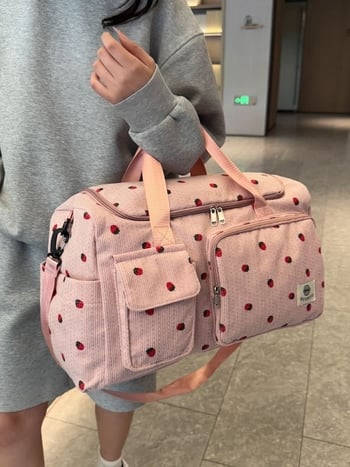 Τσάντα crossbody για ταξίδια με μεγάλη χωρητικότητα, σχέδιο φράουλα, Corduroy ύφασμα, επένδυση πολυεστέρα, unisex, φθινόπωρο 2025