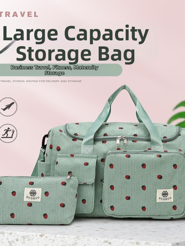 Crossbody ceļojumu soma ar lielu ietilpību, zemeņu raksts, Corduroy audums, oderējums no poliester, universāla, rudens 2025