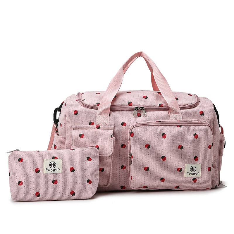 Crossbody ceļojumu soma ar lielu ietilpību, zemeņu raksts, Corduroy audums, oderējums no poliester, universāla, rudens 2025