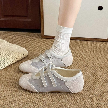 Sieviešu baleta stila sporta apavi ar nubuku augšdaļu, svītrainā raksts, Velcro aizdare, plakana gumijas zole