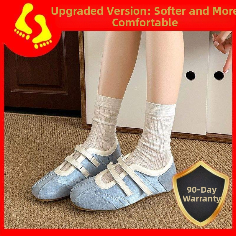 Sieviešu baleta stila sporta apavi ar nubuku augšdaļu, svītrainā raksts, Velcro aizdare, plakana gumijas zole