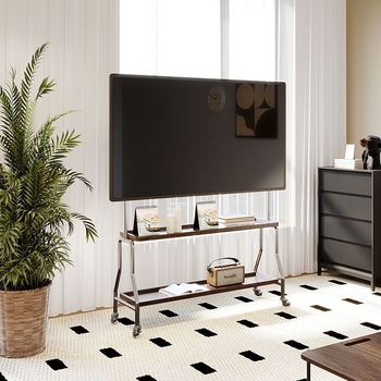 Βάση δαπέδου για τηλεόραση με μετακινούμενο κατακόρυφο στήριγμα από σίδηρο, μηχανικός έλεγχος, συμβατή με τοποθέτηση στον τοίχο, χωρητικότητα 15 kg