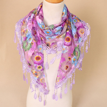 Poliestera trīsstūra šalle ar ziedu mežģīni, korejiešu stilā, elpojoša, rokām darināta