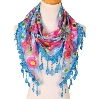 Poliestera trīsstūra šalle ar ziedu mežģīni, korejiešu stilā, elpojoša, rokām darināta