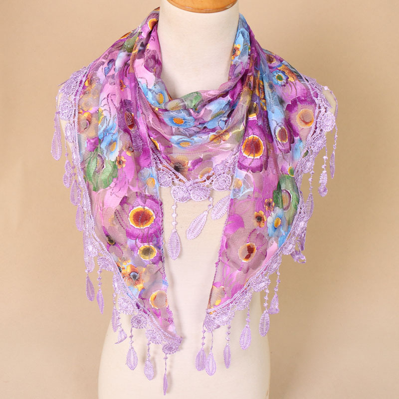 Poliestera trīsstūra šalle ar ziedu mežģīni, korejiešu stilā, elpojoša, rokām darināta