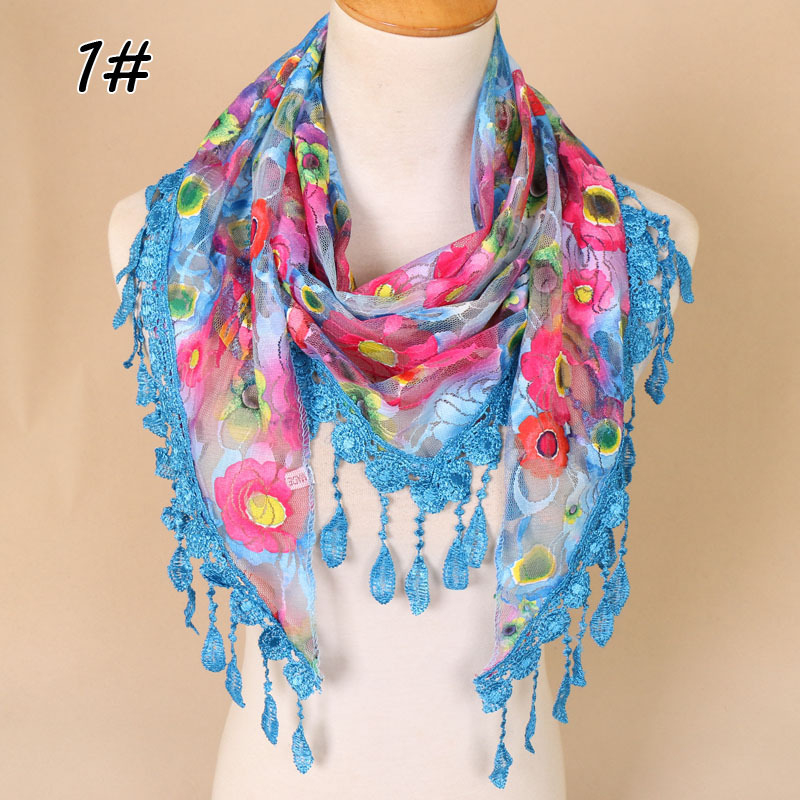 Poliestera trīsstūra šalle ar ziedu mežģīni, korejiešu stilā, elpojoša, rokām darināta