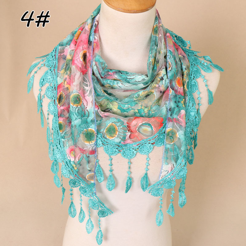 Poliestera trīsstūra šalle ar ziedu mežģīni, korejiešu stilā, elpojoša, rokām darināta