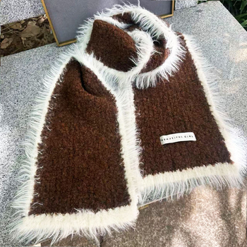 Xinyi akrila adīta šalle ar mākslīgu norkas kažoku, krāsu blokdizains, ziemas siltums