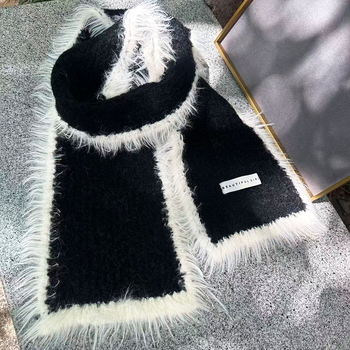 Xinyi akrila adīta šalle ar mākslīgu norkas kažoku, krāsu blokdizains, ziemas siltums