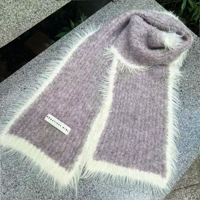 Xinyi akrila adīta šalle ar mākslīgu norkas kažoku, krāsu blokdizains, ziemas siltums
