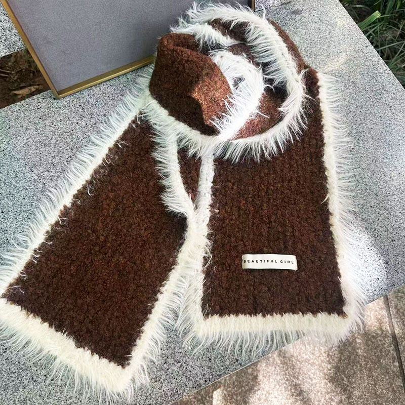 Xinyi akrila adīta šalle ar mākslīgu norkas kažoku, krāsu blokdizains, ziemas siltums