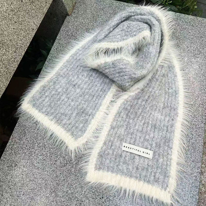 Xinyi akrila adīta šalle ar mākslīgu norkas kažoku, krāsu blokdizains, ziemas siltums